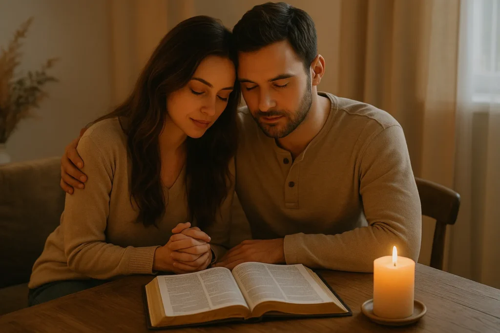 Casal reunido em oração, com a Bíblia aberta entre eles e uma vela acesa ao lado, simbolizando união espiritual e renovação do amor a dois através da fé.