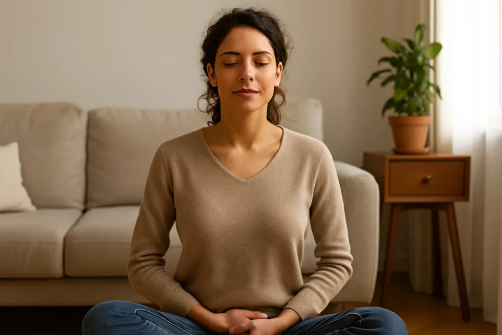 Mulher sentada em posição de meditação com os olhos fechados e expressão tranquila, em uma sala iluminada por luz natural, transmitindo autenticidade, serenidade e conexão interior.