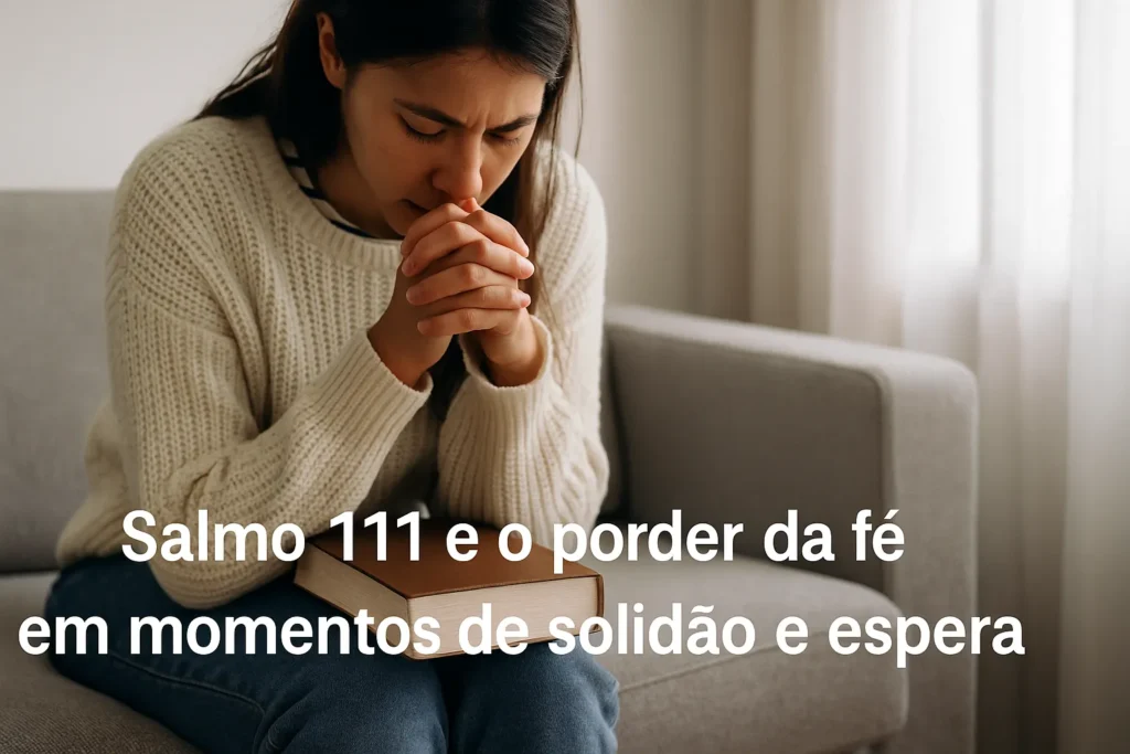 Mulher sentada em silêncio com as mãos unidas sobre um livro, em ambiente suave e iluminado, representando reflexão, solidão e conexão espiritual profunda.