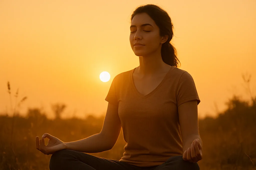 Mulher sentada em posição de meditação em campo aberto durante o pôr do sol, com olhos fechados e expressão serena, envolta por luz dourada suave — simbolizando paz interior, presença e conexão espiritual.