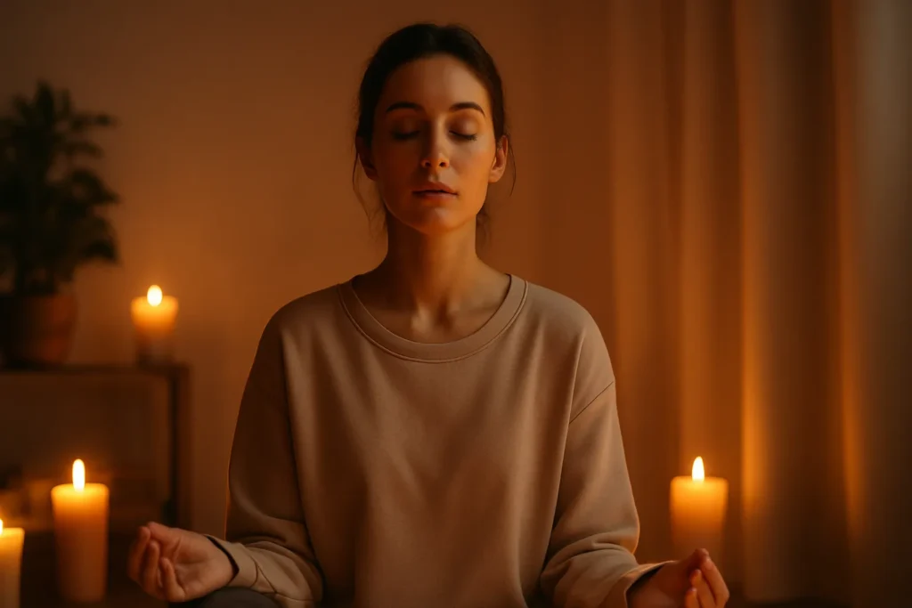 Mulher meditando em posição de oração, cercada por velas acesas em um ambiente acolhedor, simbolizando conexão espiritual, afirmações e intenção amorosa.