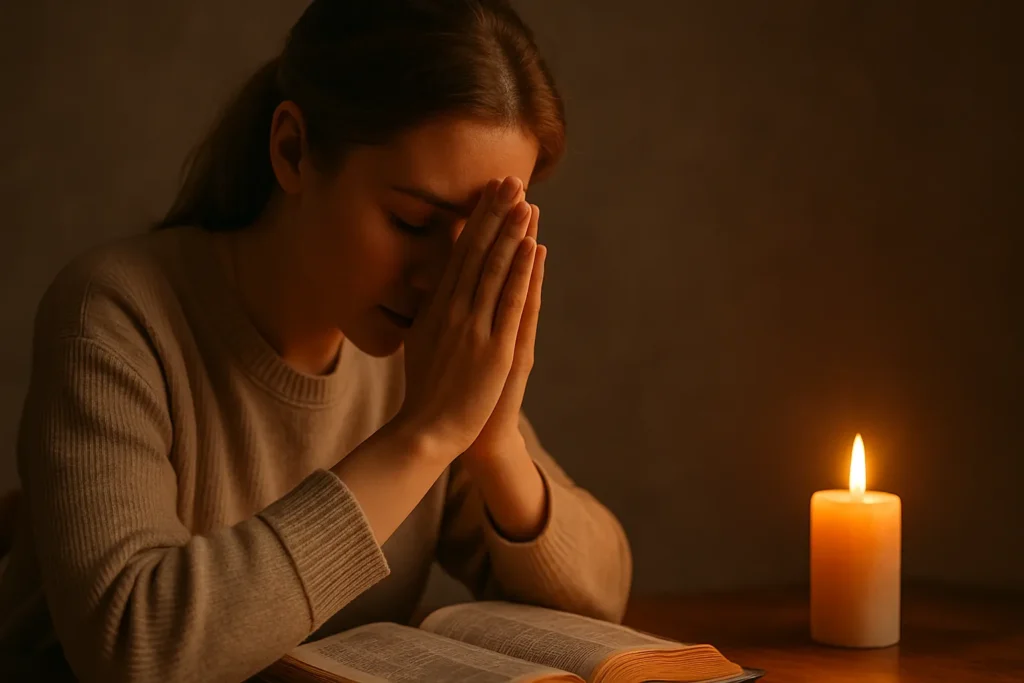 Mulher com as mãos em prece diante de uma Bíblia aberta e vela acesa, em ambiente calmo e iluminado, representando fé, persistência e conexão espiritual.