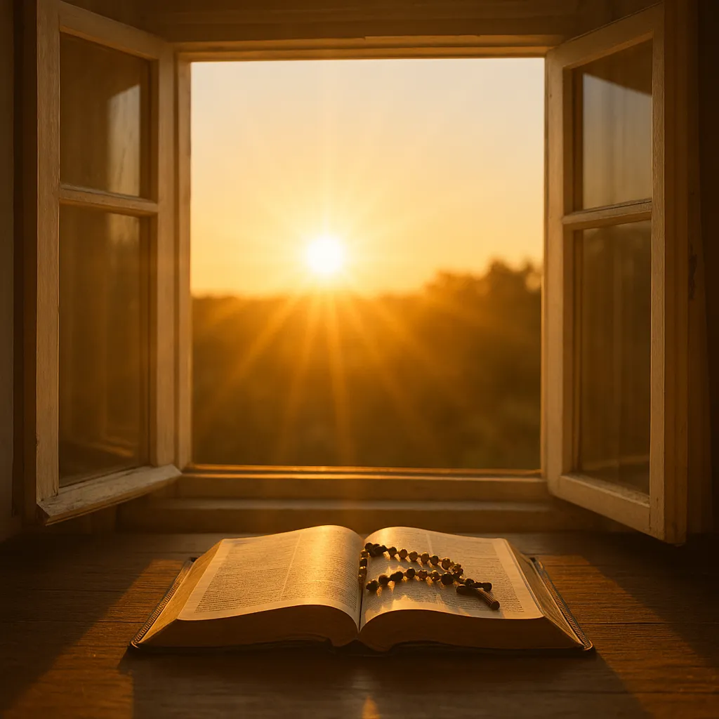 Imagem de uma bíblia aberta com um terço sobre uma mesa, iluminados pelos raios dourados do sol nascente através de uma janela aberta, simbolizando oração da manhã, paz e energia espiritual para o dia.