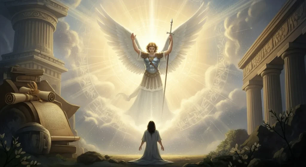 Cena simbólica mostrando São Miguel Arcanjo em um momento de intervenção espiritual, iluminando a vida de uma pessoa com luz divina.