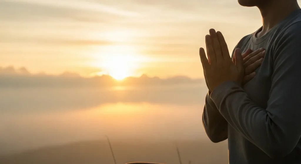 Sol nascendo atrás das nuvens com uma pessoa em posição de oração, mãos sobre o peito.