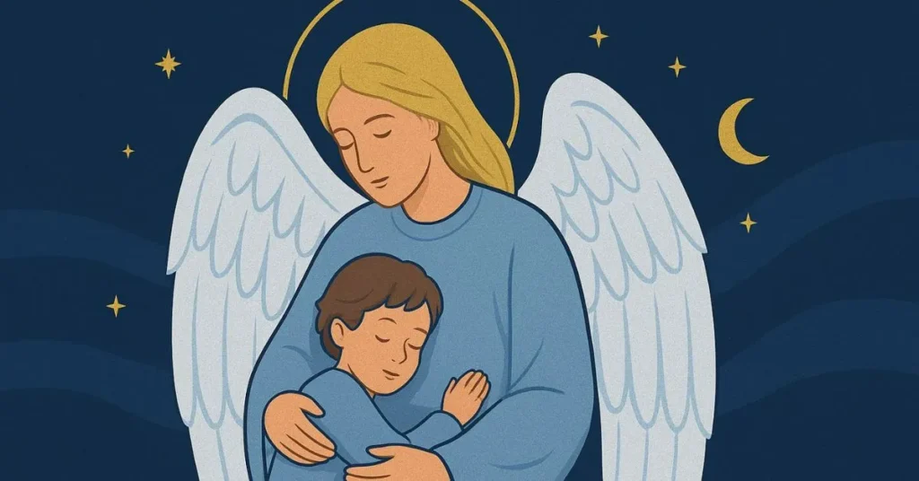 Ilustração espiritual de um anjo da guarda com asas brancas protegendo uma criança adormecida, sob um céu noturno com estrelas e lua crescente ao fundo.