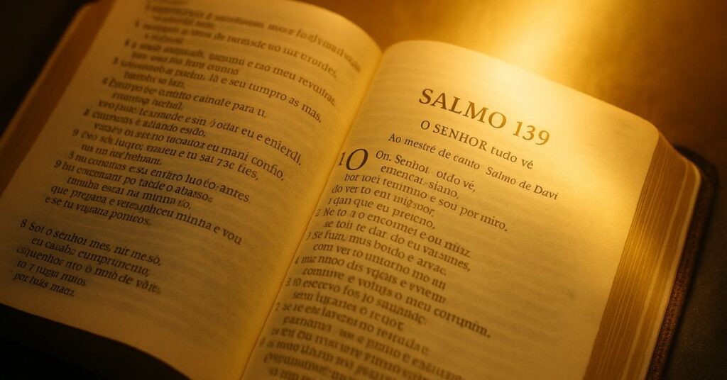 Bíblia aberta no Salmo 139 em português, iluminada por uma luz dourada suave, simbolizando revelação espiritual e introspecção divina.