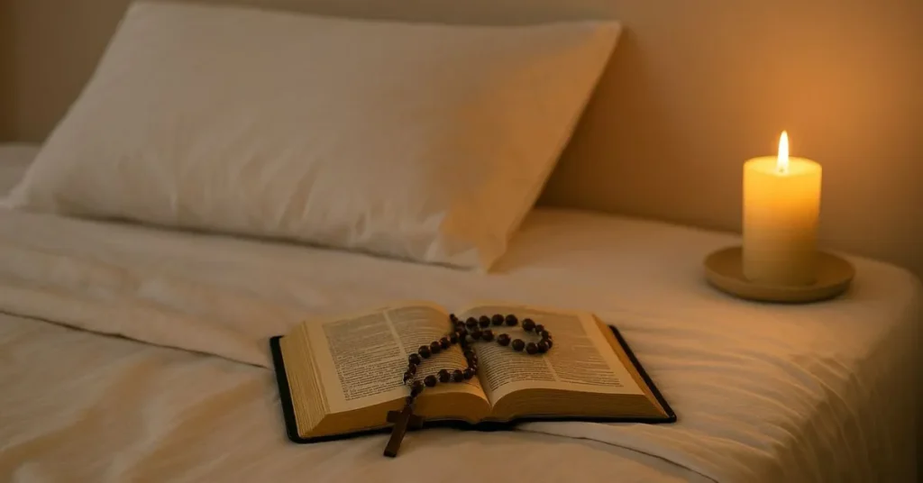 Cama com lençóis brancos ao lado de uma vela acesa, com uma bíblia aberta e um terço de madeira repousando sobre as páginas, em ambiente de oração e proteção espiritual.
