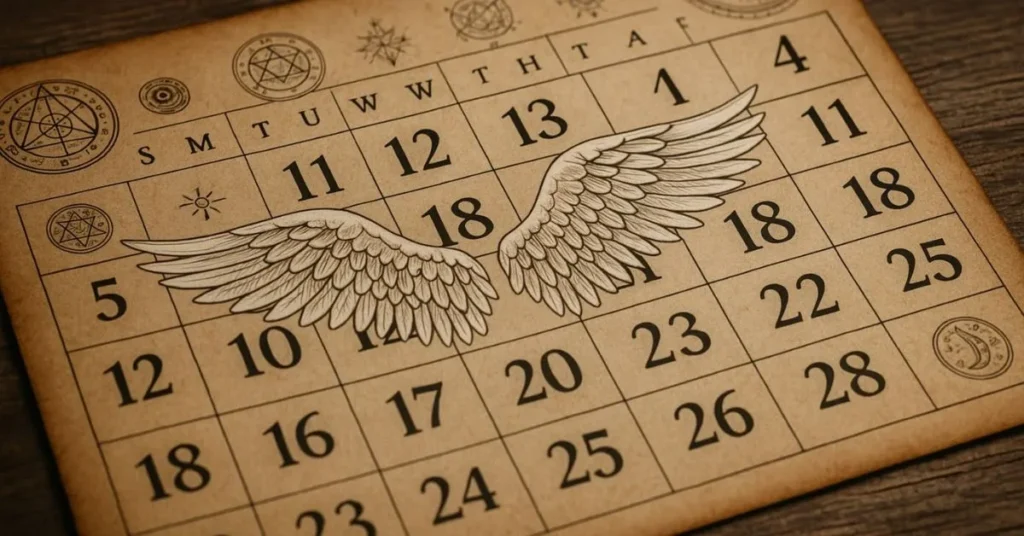 Calendário místico com datas espirituais revelando os anjos da guarda de cada nascimento.
