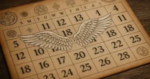 Calendário místico com datas espirituais revelando os anjos da guarda de cada nascimento.