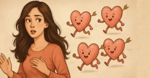 Jovem surpresa sendo perseguida por quatro corações animados com setas, simbolizando o amor chegando de forma inesperada.