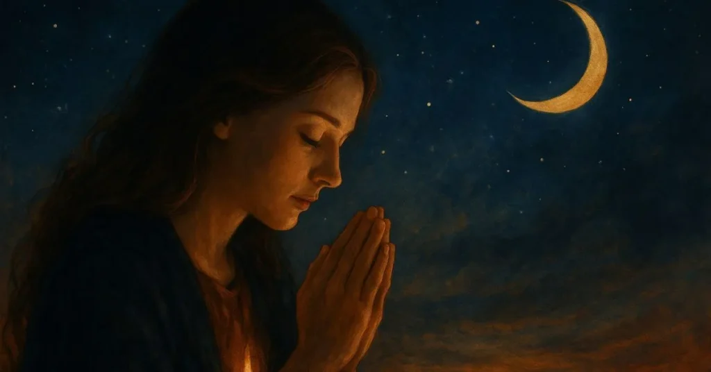 Jovem mulher de perfil orando em silêncio ao anoitecer, com as mãos unidas diante de uma vela acesa e o céu estrelado ao fundo iluminado por uma lua crescente