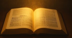 Bíblia aberta no Salmo 4 iluminada por brilho dourado suave, simbolizando fé, proteção e conexão espiritual antes de dormir