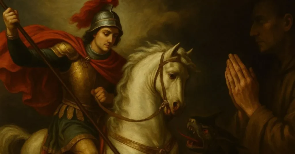 Pintura clássica de São Jorge enfrentando o mal sobre um cavalo branco, com uma figura em oração ao fundo, representando fé em situações desesperadoras.