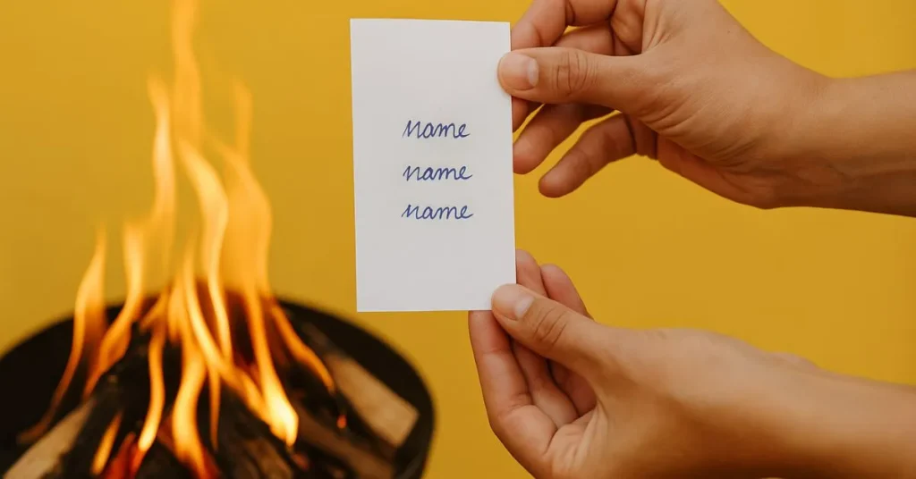 Mãos segurando um papel com nome escrito três vezes próximo a uma fogueira acesa, com fundo amarelo vibrante, representando um ritual de reconciliação na noite de São João