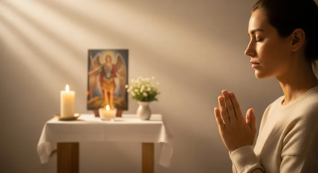 Pessoa com as mãos em oração diante de uma vela acesa e imagem de São Miguel Arcanjo, simbolizando fé e proteção espiritual.