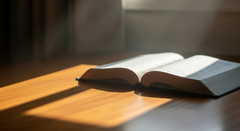 Luz da manhã iluminando uma Bíblia aberta em sinal de conexão espiritual e oração diária.