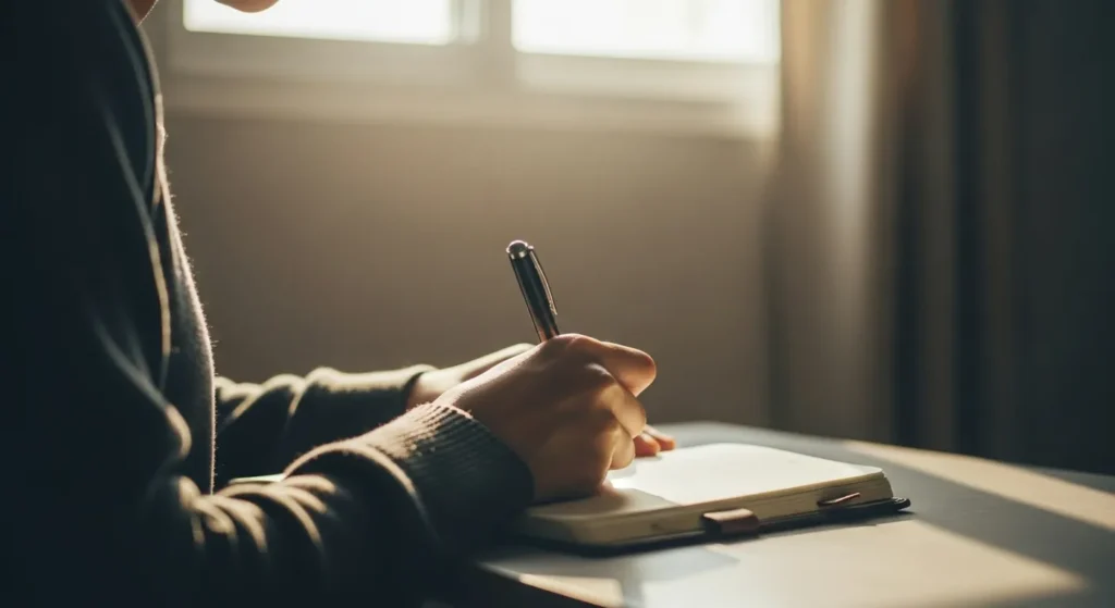 Reflexão espiritual matinal após oração, escrevendo mensagens e sentimentos em um diário.