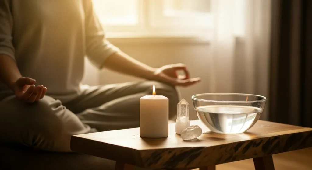Pessoa meditando em ambiente iluminado pelo sol, com vela acesa, cristal e água sobre a mesa — representando um ritual de limpeza espiritual.