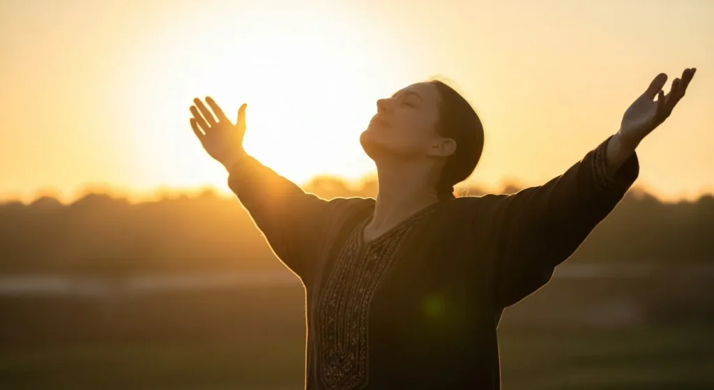 Prática matinal de afirmações positivas com energia elevada e conexão com a luz divina.
