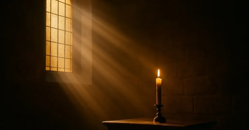 Raio de luz atravessa vitral iluminando vela acesa sobre altar de madeira em igreja silenciosa, representando fé e reverência profunda.