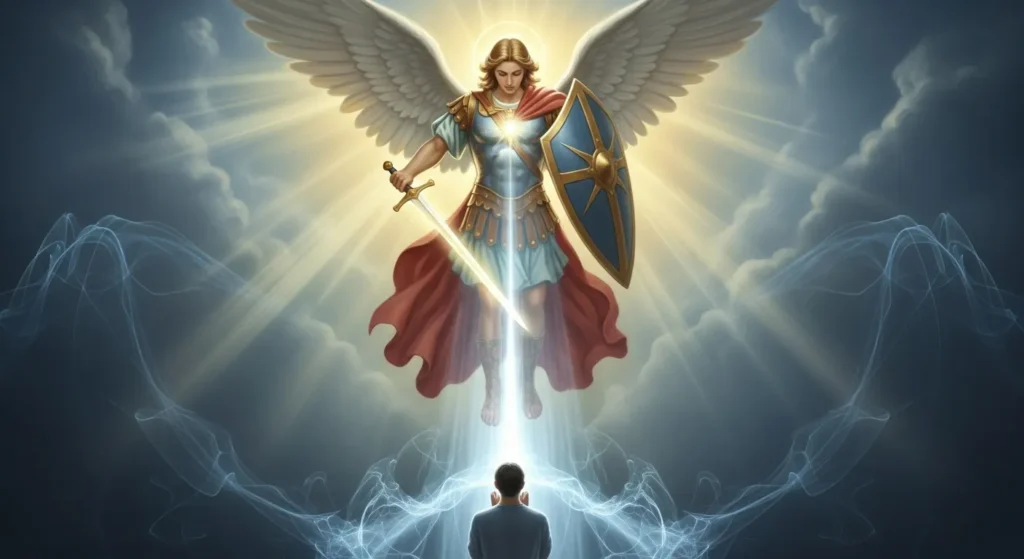 Imagem simbólica de São Miguel Arcanjo irradiando luz divina sobre uma pessoa em oração, representando a eficácia espiritual da prece.