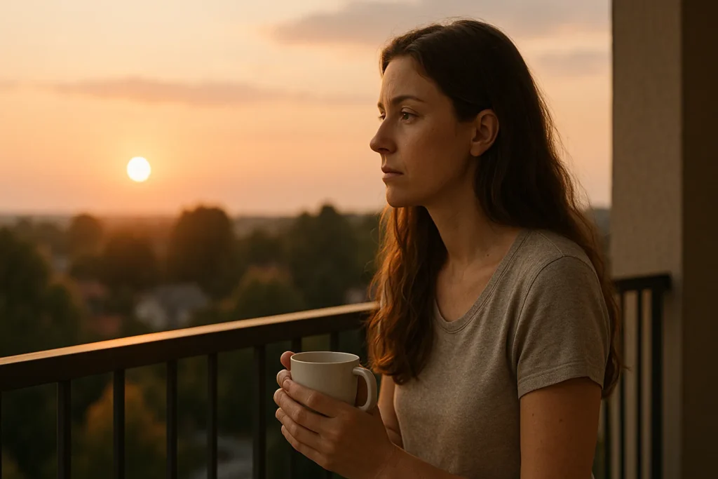 Mulher segurando uma xícara na varanda ao pôr do sol, com olhar introspectivo e expressão contemplativa.