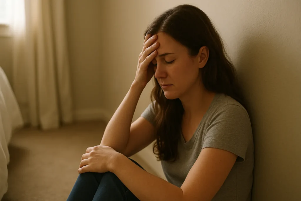 Mulher com expressão de cansaço e tristeza sentada sozinha no chão do quarto, em momento de introspecção silenciosa.