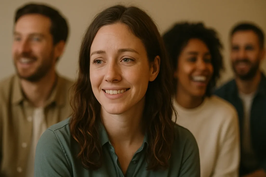  Mulher sorrindo em um ambiente social, mas com expressão ausente e olhar perdido, destacando sensação de desconexão interior.