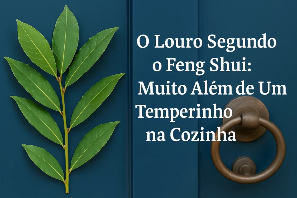 Imagem de uma folha de louro sobre uma porta azul com maçaneta de bronze, representando o uso do louro no Feng Shui como símbolo de proteção e prosperidade.