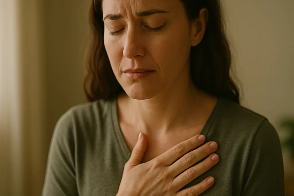  Close no peito de uma mulher com a mão sobre o coração e expressão serena de angústia emocional.