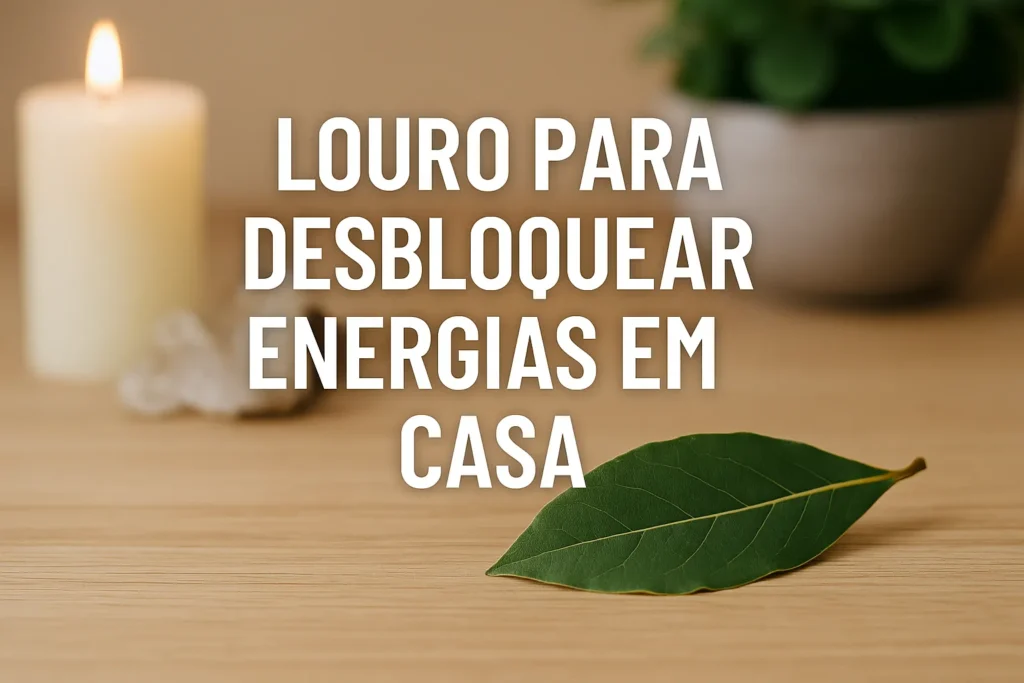 Folha de louro sobre mesa de madeira com vela acesa, cristais e planta ao fundo, simbolizando um ritual espiritual de desbloqueio energético no lar.