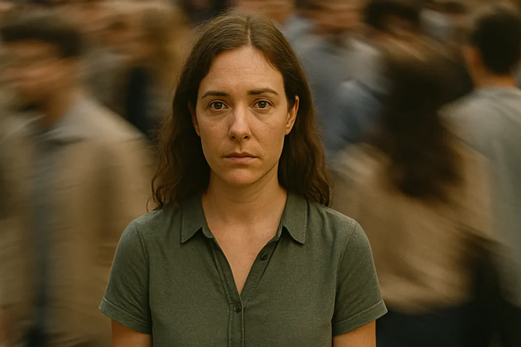 Mulher com olhar introspectivo no centro de uma multidão borrada em movimento, transmitindo sensação de isolamento e pausa interior.