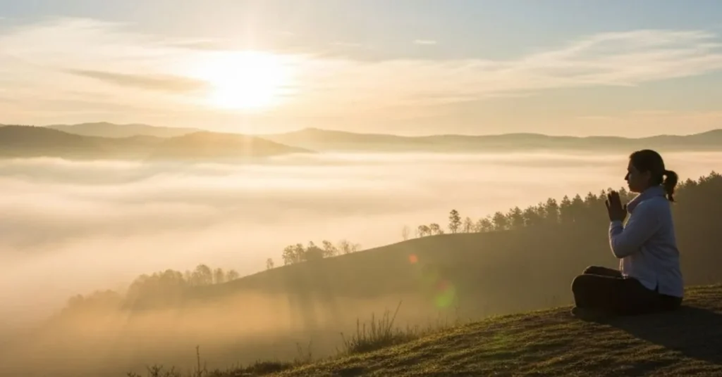 Pessoa em oração sentada diante de uma paisagem iluminada pelo nascer do sol, simbolizando fé, paz interior e conexão espiritual logo pela manhã.