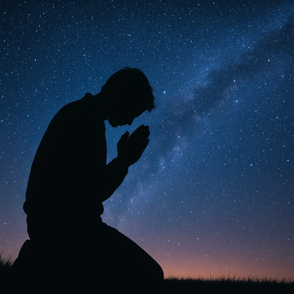 Silhueta de uma pessoa ajoelhada em oração sob um céu noturno estrelado, simbolizando a conexão entre mente, alma e o divino.