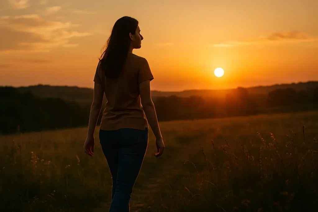 Jovem caminhando confiante por um campo aberto ao entardecer, com a luz dourada do sol iluminando a paisagem e transmitindo serenidade e conexão espiritual.