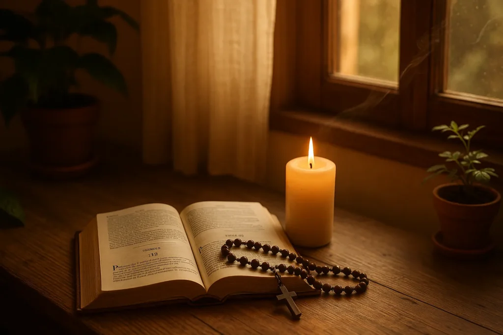 Bíblia aberta com terço e vela acesa sobre uma mesa de madeira junto à janela, criando um ambiente acolhedor e propício à oração profunda.