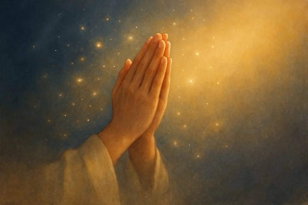 Mãos em oração sob fundo azul e dourado com partículas de luz, representando a energia espiritual do Salmo 4