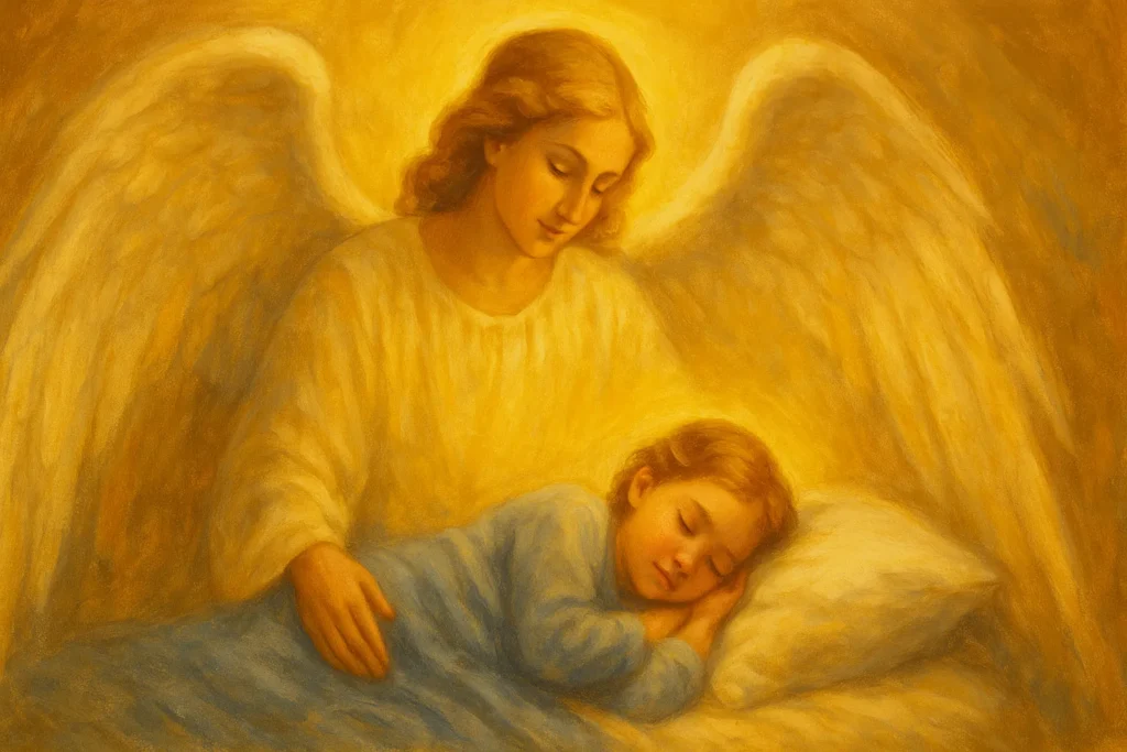 Ilustração de um anjo com asas abertas protegendo uma criança dormindo com paz