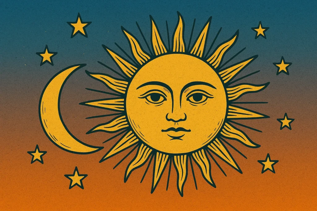 Ilustração espiritual do sol com rosto humano ao lado da lua crescente e estrelas, representando equilíbrio cósmico e os movimentos astrológicos de junho.