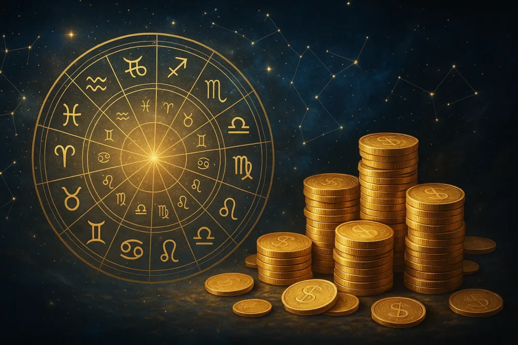 Conexão entre astrologia e dinheiro fluindo do universo para o mapa astral