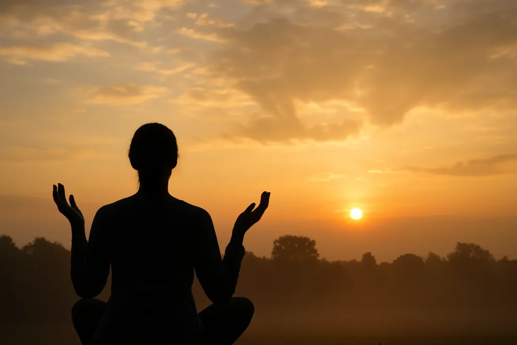 Silhueta de uma pessoa orando com mãos erguidas durante o amanhecer, em meio a um cenário sereno de céu dourado e natureza silenciosa.