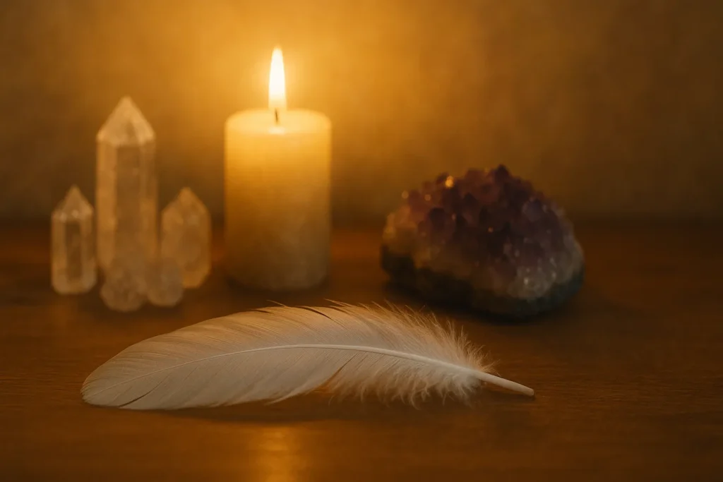 Pena angelical como sinal da presença do anjo da guarda após oração.