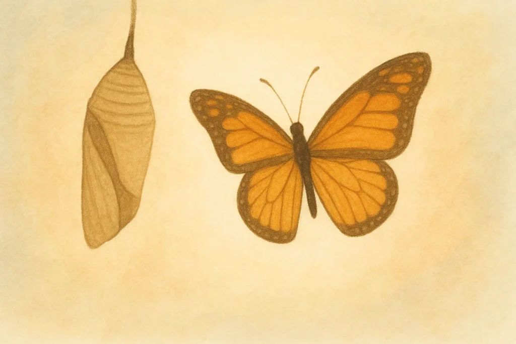 Ilustração abstrata de uma borboleta saindo de um casulo vazio, simbolizando o luto e a transformação espiritual com leveza e serenidade