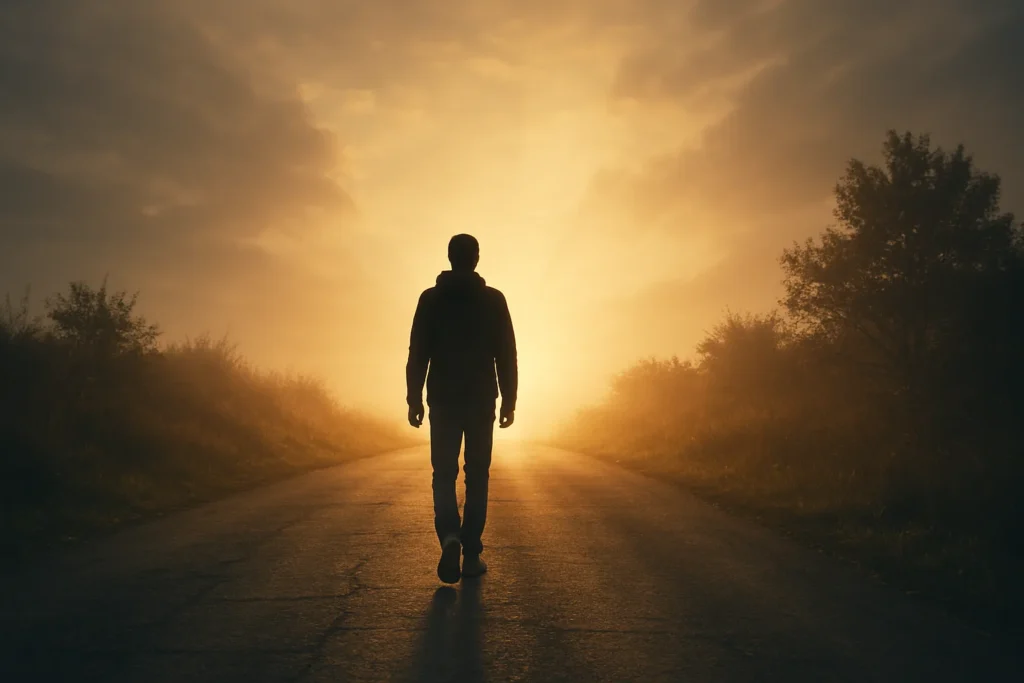 Silhueta de uma pessoa caminhando sozinha por uma estrada sob uma luz suave ao fundo, sugerindo companhia espiritual mesmo na solidão.