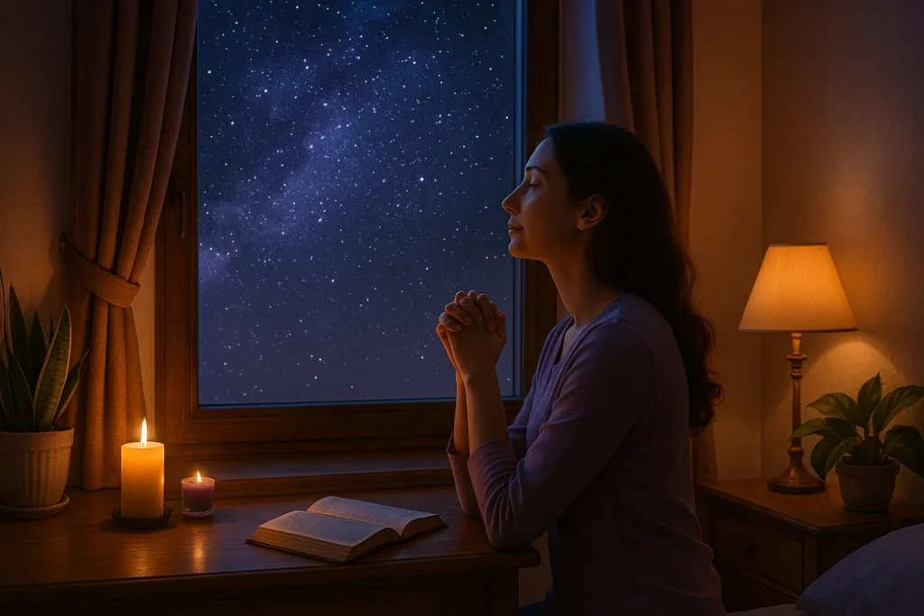 Jovem ajoelhada em oração noturna diante da janela do quarto, olhando para o céu estrelado, com uma bíblia aberta e velas acesas ao lado, em clima de entrega e confiança espiritual.