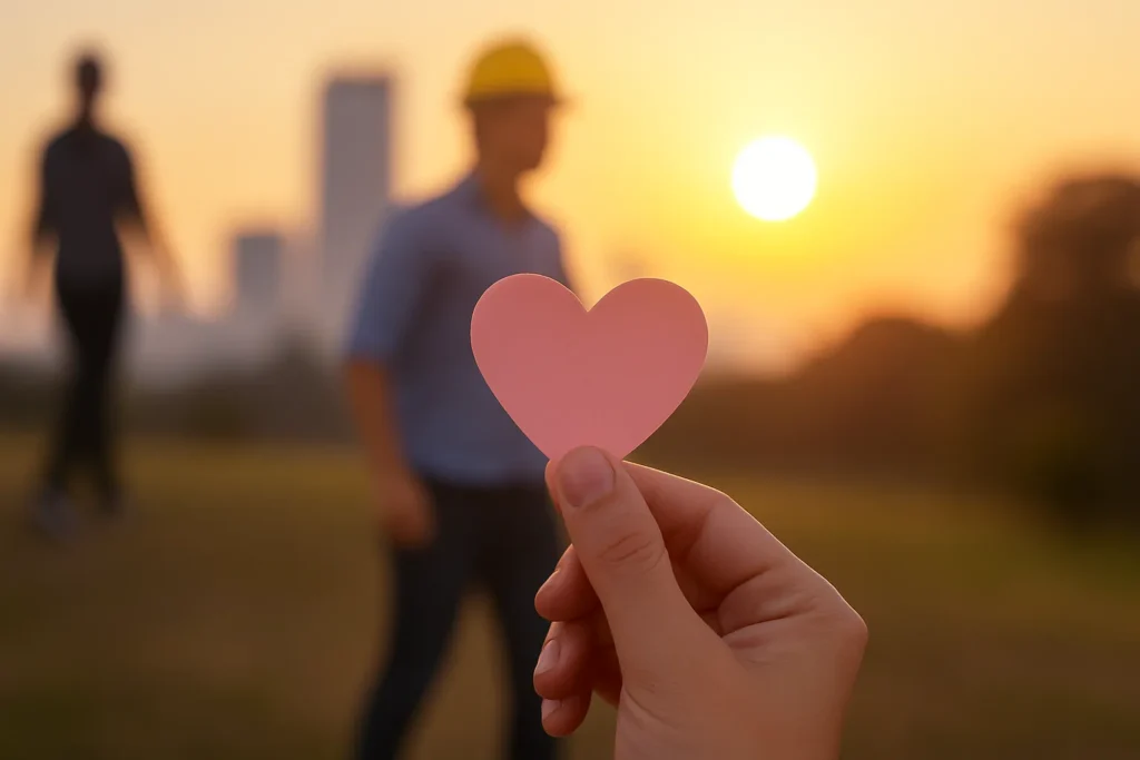 Mão segurando um coração de papel rosa com pôr do sol ao fundo, simbolizando o equilíbrio entre amor, carreira e bem-estar durante o mês de junho.