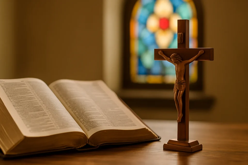 Bíblia aberta ao lado de um crucifixo de madeira com vitral colorido ao fundo, simbolizando o mistério espiritual da oração Glória ao Pai.