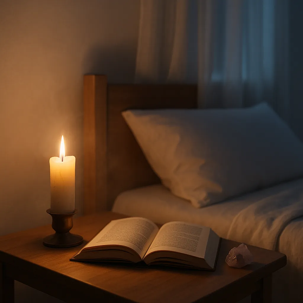 Vela acesa, livro aberto e cristal sobre mesa de cabeceira em quarto tranquilo, simbolizando um ritual espiritual antes de dormir