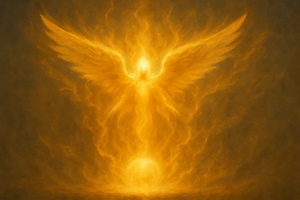 Anjo serafim de seis asas pairando em luz dourada acima de uma esfera sagrada